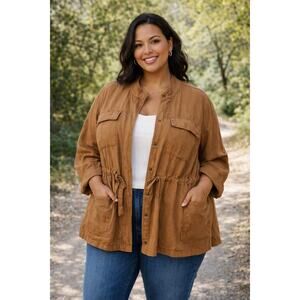 NWT Old Navy Dark Mustard Linen Blend Nehru Collar Plus Utility Jacket Women 3X